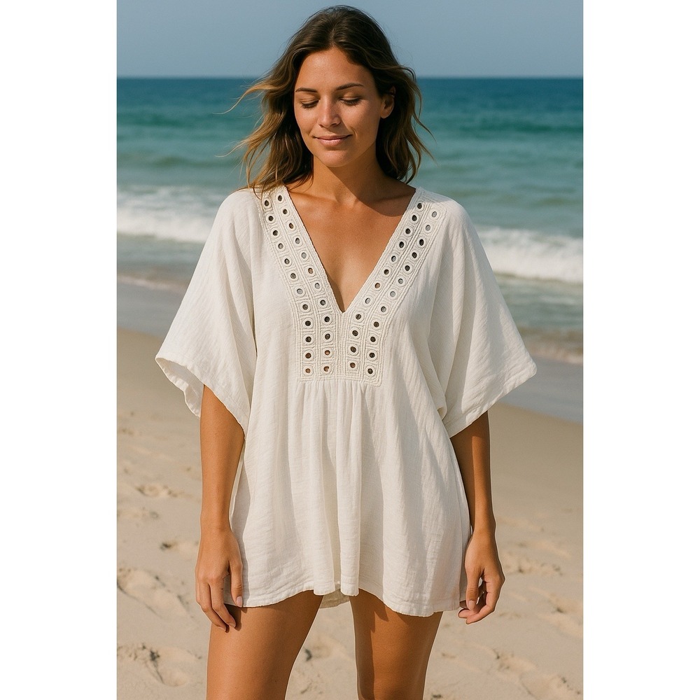 Solitaire Swim Top Cover Up White Sz L Holographic Draped Embellished Boho